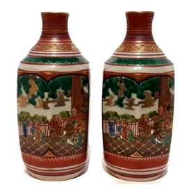 PAIR OF ANTIQUE JAPANESE KUTANI PORCELAIN BOTTLES WITH GO-PLAYING ELDERS & BIRD SCENES MEIJI ERA