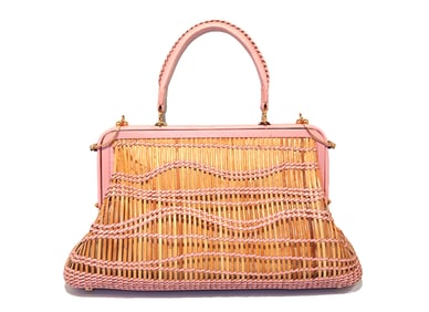 VINTAGE WASAGA PINK TRIM WICKER TOP-HANDLE BAG 15" L, 5" W, 8.75" H