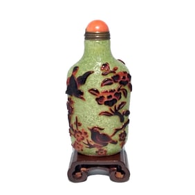 CHINESE PEKING GLASS SNUFF BOTTLE BIRDS LOTUS FLOWER TREE
