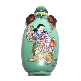 FINE CHINESE SNUFF BOTTLE ENAMEL GLASS IMMORTALS QIANLONG MARK
