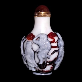 EXQUISITE CHINESE PEKING GLASS SNUFF BOTTLE  EIGHT IMMORTALS