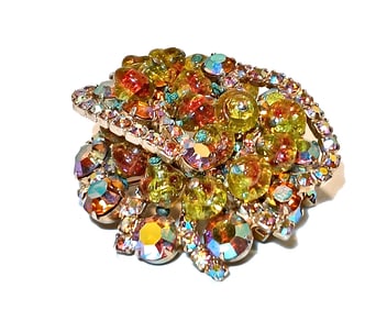 UNSIGNED  JULIANA-STYLE VINTAGE BROOCH WITH ART GLASS & AB RHINESTONES 2"