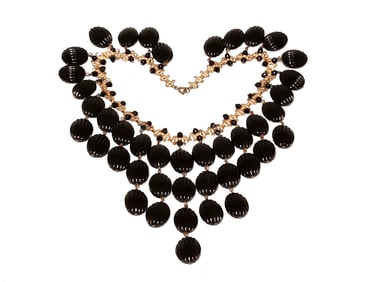 FANTASTIC VINTAGE  MID-CENTURY BLACK GLASS BIB NECKLACE 1950'S 15" UNSIGNED