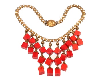 VINTAGE MIRIAM HASKELL STYLE RED LUCITE CUBE DROP NECKLACE 16"  1940'S