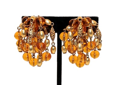 FINE VINTAGE SIGNED SANDOR STATEMENT GLASS EARRINGS 2" LONG ORNATE FLORAL DESIGN
