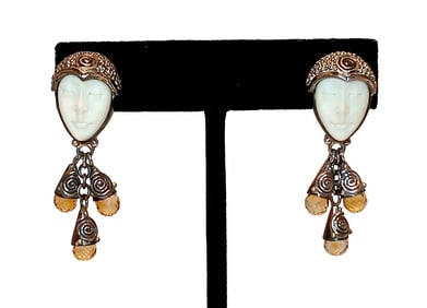 FINE SAJEN SIGNED STERLING FACE EARRINGS WITH FACETED CITRINE GEMSTONE DROPS