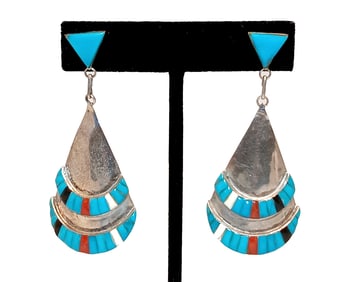 VINTAGE ZUNI STYLE STERLING INLAY EARRINGS WITH TURQUOISE CORAL ONYX