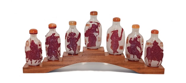 FINE  SET OF SEVEN CHINESE PEKING GLASS SNUFF BOTTLES WARRIOR SERIES WITH SEAL INSCRIPTIOS QING