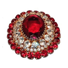 MAGNIFICENT LARGE VINTAGE RUBY-RED & CLEAR CRYSTAL OVAL BROOCH HIGH QUALITY GOLD TONE SETTING