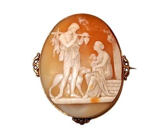 EXQUISITE ANTIQUE LARGE SHELL CAMEO BROOCH IN TESTED 15K GOLD MASTER CARVING HUNTER'S  SCENE