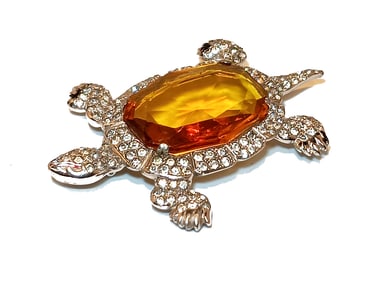 VINTAGE SIGNED REJA TURTLE BROOCH CITRINE -EFFECT GLASS & PAVE RHINESTONES C. 1940S-50S