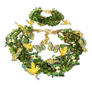 VINTAGE SIGNED  PARURE STATEMENT NECKLACE BRACELET EARRINGS BIRDS  CRYSTALS ENAMEL RHINESTONES