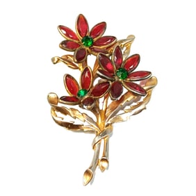 VINTAGE  MID-CENTURY LARGE RED GLASS FLOWER  BROOCH TRIFARI ALFRED PHILIPPE UNSIGNED