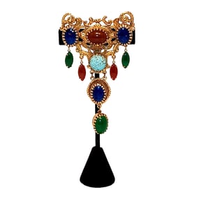 VINTAGE RENAISSANCE REVIVAL JEWELED BROOCH WITH COLORFUL GLASS CABOCHONS 4"
