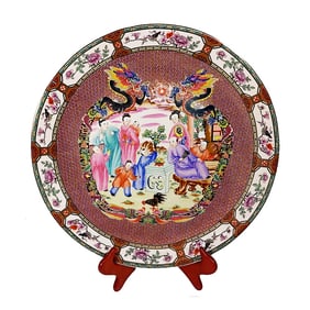 LARGE 18" CHINESE FAMILLE-ROSE CHARGER WITH COURT SCENE DRAGONS PHOENIX REPUBLIC PERIOD