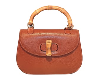 VINTAGE BROWN LEATHER PURSE WITH BAMBOO HANDLE AND CLASP MID-CENTURY STYLE