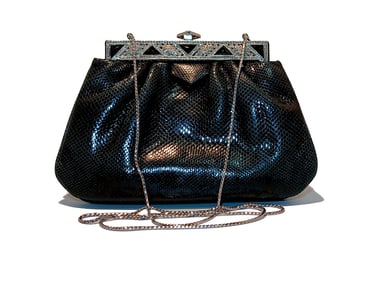 VINTAGE JUDITH LEIBER SNAKESKIN EVENING BAG WITH MARCASITE ONYX & CRYSTALS 8"