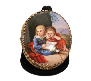 LARGE ANTIQUE HAND-PAINTED PORCELAIN PORTRAIT BROOCH SWISS OR GERMAN C. 1850