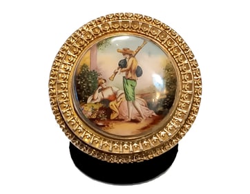 MONUMENTAL GENEVA PAINTED-ENAMEL COURTING SCENE BROOCH C. 1825-1850 LATER SILVER-GILT MOUNT 3 INCHES