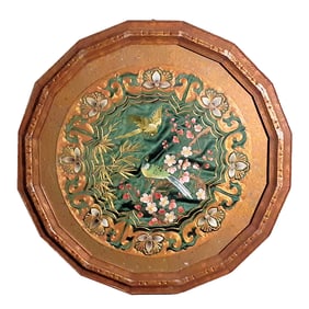 LARGE ANTIQUE CHINESE SILK EMBROIDERY TABLEAU OF BIRDS AND BLOSSOMS GILTWOOD OCTAGONAL FRAME 24 "