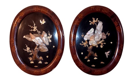 PAIR OF ANTIQUE JAPANESE SHELL-INLAID (SHIBAYAMA) HAWK & SONGBIRD PLAQUES MEIJI / TAISHO