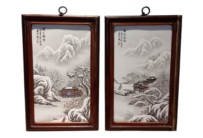 PAIR OF CHINESE PORCELAIN PLAQUES "VISITING FRIENDS IN THE SNOW" IN THE MANNER OF HE XUREN REPUBLIC