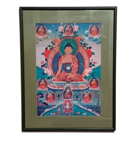 LARGE 30" X 23" FRAMED TIBETAN THANGKA PAINTING OF SHAKYAMUNI BUDDHA WIT ATTENDANT DEITIES