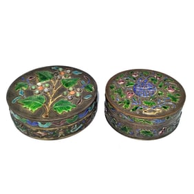 PAIR OF ANTIQUES CHINESE ENAMEL ON COPPER CIRCULAR BOXES MARKED "CHINA"