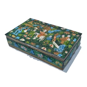 ANTIQUE CHINESE ENAMELED BRASS BOX WITH FIGURAL SCENE MARKED "CHINA"