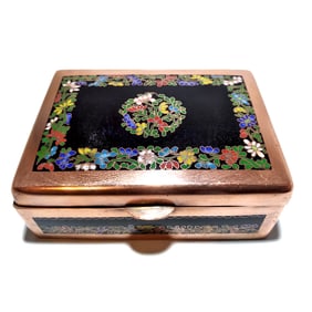 ANTIQUE JAPANESE BRASS & CLOISONNE FLORAL INLAY BOX WITH WOOD INTERIOR