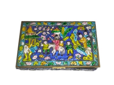 ANTIQUE CHINESE ENAMELED BRASS BOX WITH FIGURAL SCENE STAMPED "CHINA"