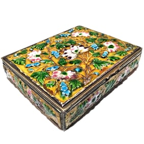 ANTIQUE CHINESE ENAMEL ON METAL FLORAL BOX STAMPED "CHINA"