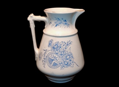 ANTIQUE 19TH C ENGLISH IRONSTONE TRANSFERWARE PITCHER "OLIVETTE" BLUE FLORAL DESIGN