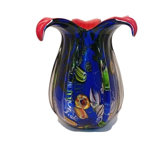 LARGE MURANO STYLE MILLEFIORI ART GLASS VASE WITH RED RUFFLED RIM
