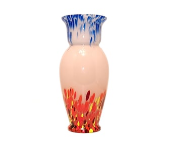 MID-CENTURY ART GLASS VASE SPECKLED PINK BODY BLUE FEATHERED RIM 9" TALL