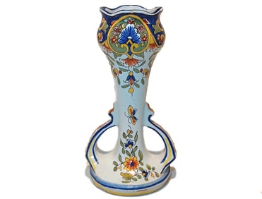 ANTIQUE FRENCH QUIMPER-STYLE FAIENCE VASE HAND PAINTED FLORAL SIGNED 7" TALL