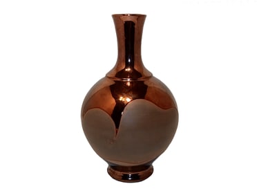 MID CENTURY STUDIO ART POTTERY BOTTLE VASE - COPPER LUSTRE OVER DOVE GREY MATTE 9.4"