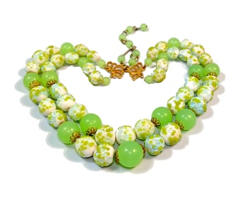 VINTAGE MID CENTURY DOUBLE STRAND ART GLASS NECKLACE 16"