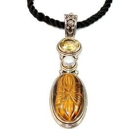 VINTAGE NECKLACE PENDANT 925 INDIA TIGER'S EYE PEARL CITRINE
