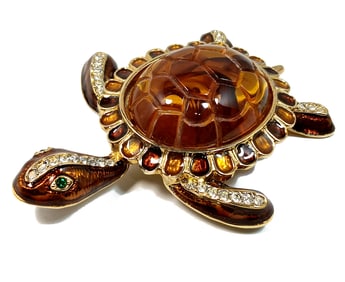 LARGE VINTAGE TURTLE BROOCH ENAMEL RHINESTONES 3.5"