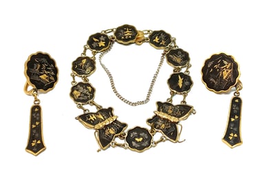 VINTAGE JAPANESE DAMASCENE LOT BRACELET AND EARRINGS 6.25"