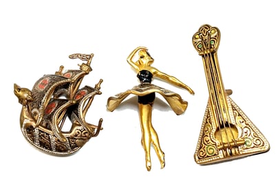 3 FINE VINTAGE SPANISH DAMASCENE BROOCHES