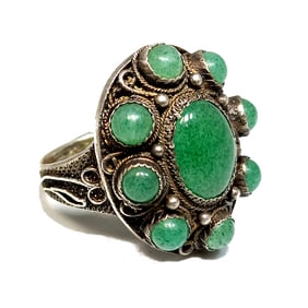 ANTIQUE CHINESE EXPORT SILVER RING WITH GREEN CHRYSOPRASE CABOCHONS ADJUSTABLE