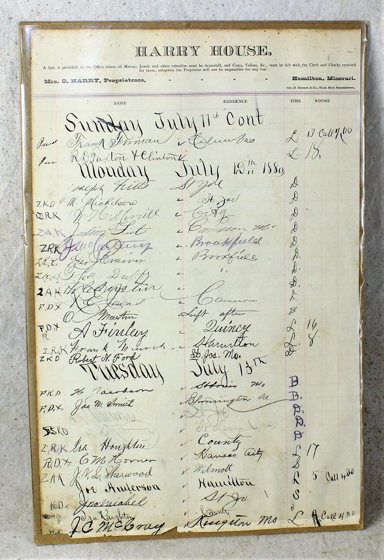 Bob Ford Hotel Register: Fantastic piece of historical memorabilia, a page from hotel registry at the Harry House of Hamilton, Missouri with Bob Ford, of Jesse James' gang, sign in signature mid way down the page. Preserved i