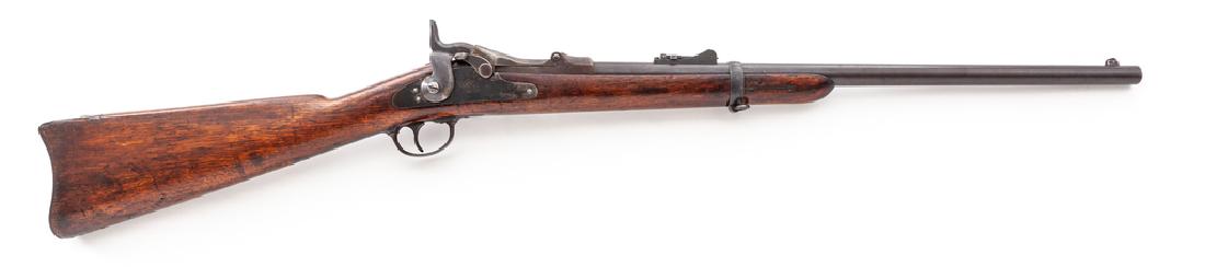 Custer Period Trapdoor Carbine: Early U.S. Springfield Model 1873 Trapdoor Cartridge Carbine, in the Little Big Horn Battle serial range, with serial #40922. Chambered in 45-70 CF cal., 22'' round steel barrel with steel blade front
