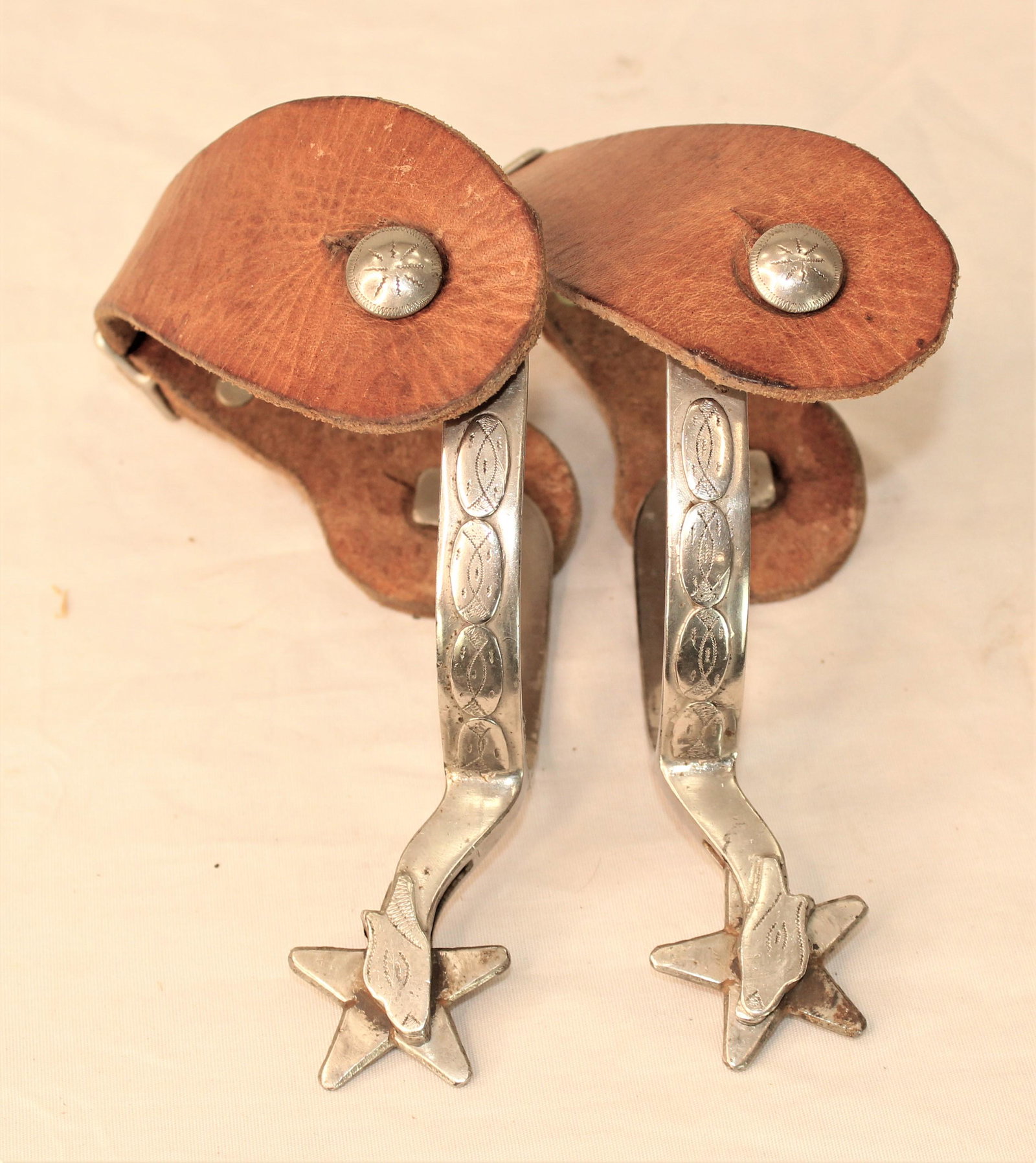 McChesney #41a Spurs: Minty double mounted eaglehead spurs with unique mountings and great nickel finish, with Porter straps.