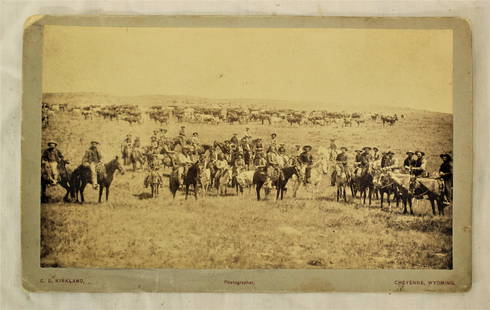 Kirkland Cabinet Card: Fantastic western cabinet card with scene of cattle herd and cowboys and their horses, on the Wyoming plains. Measuring 4"x 8". Category: Art