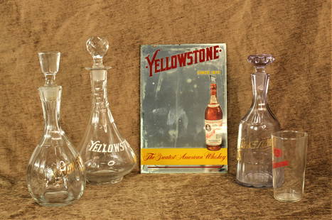 Group of Yellowstone Whiskey Items: Wonderful grouping of early "Yellowstone" marked bar items including 3 liquer decanters, one bar glass and a great Yellowstone Whiskey advertising mirror. Category: Saloon