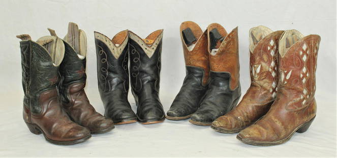 Lot of Boots: Four pair of 1920's period youth cowboy boots with great stitched and cut-out tops, riding heels and cloth pulls. Category: Boots