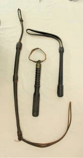 Group of 3 Braided Leather Items: Braided leather quirt, accompanied by a braided leather blackjack, and an interesting stacked leather washer blackjack. Category: Miscellanious